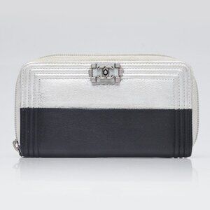 Chanel Black/Silver Leather Compact Boy Wallet